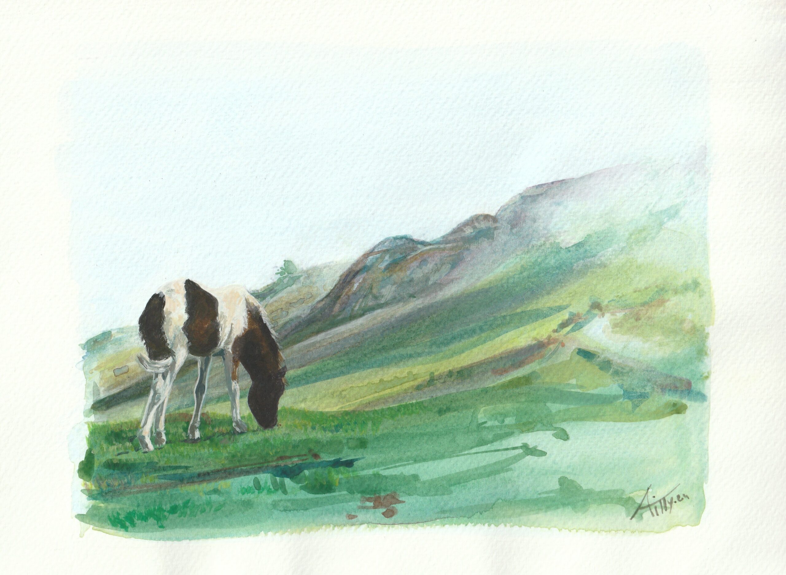 Gouache et aquarelle, paysage ed montagne, Potok du Pays Basque, France