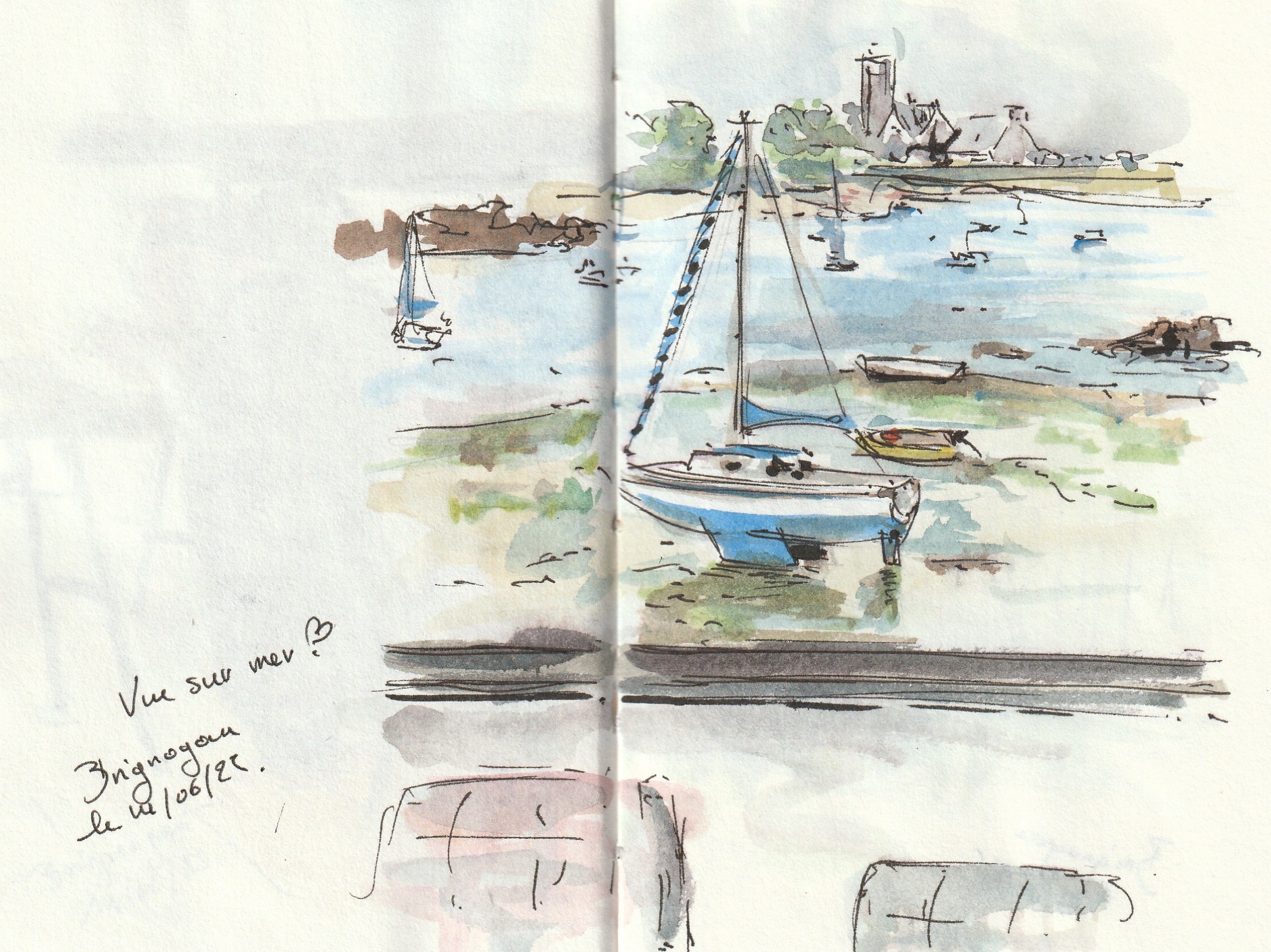 Le port de Brignogan
Croquis sur le vif, feutres et aquarelle 2025