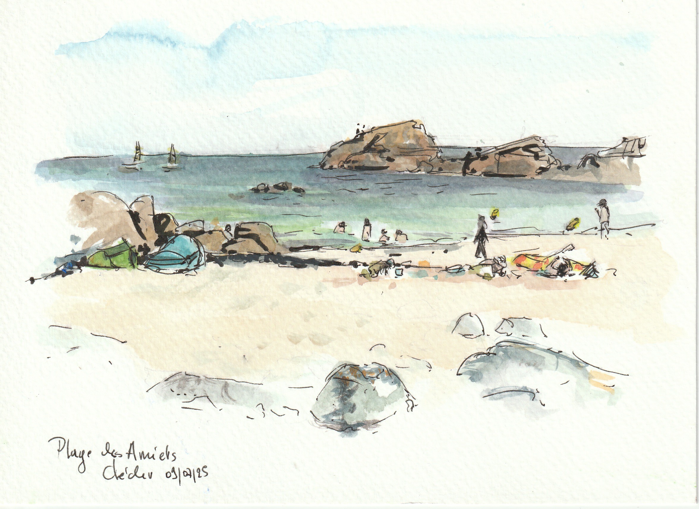 Plage des Amiets à Cléder
Croquis sur le vif feutres et aquarelle 2025